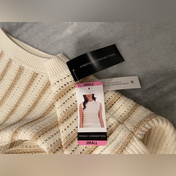 NWT French Connection Size S Ivory Gold Stripe Cotton Blend Sleeveless Knit Top - Picture 10 of 12